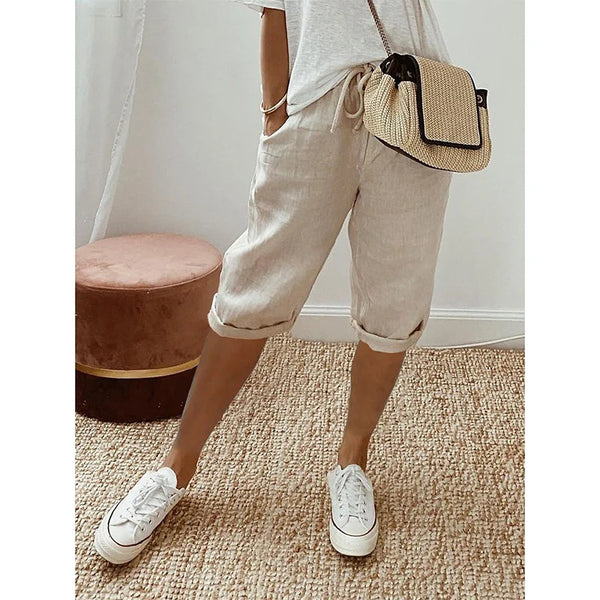 Women Cotton Linen Shorts Summer Solid Lace Up Elastic Waist Straight Pant Female Street Harajuku Style Casual Sport Pants