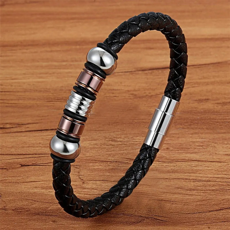 TYO Fashion Stainless Steel Charm Magnetic Black Men Bracelet Leather Genuine Braided Punk Rock Bangles Jewelry Accessories