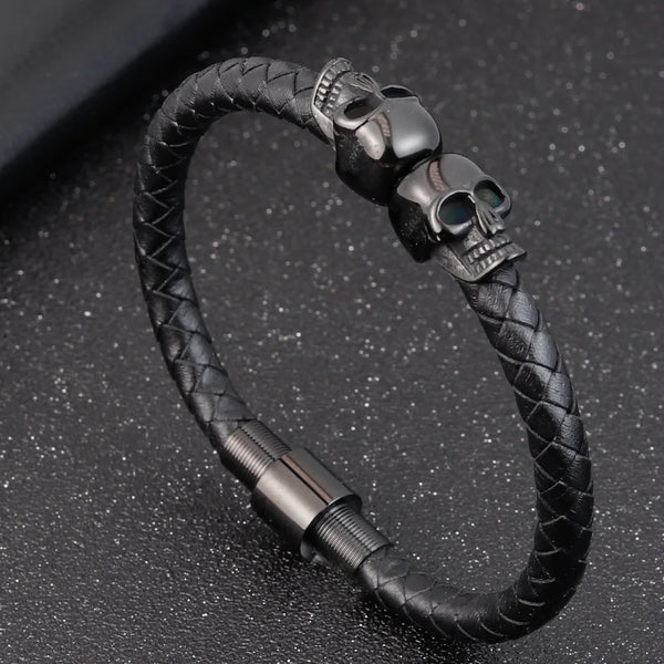 Hyperbole Men Jewelry Black Braided Leather Bracelets Stainless Steel Leahter Bracelets Cool Skull Bracelets Men Bracelet