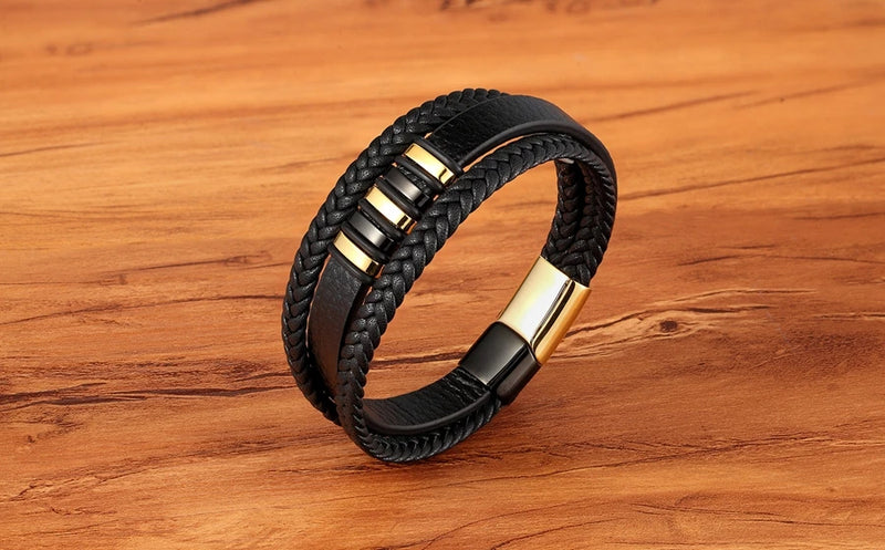 TYO Fashion Stainless Steel Charm Magnetic Black Men Bracelet Leather Genuine Braided Punk Rock Bangles Jewelry Accessories