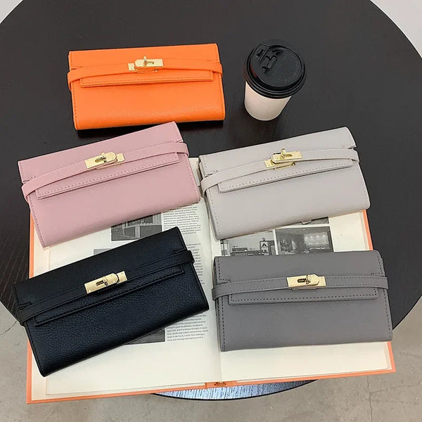 2024 Fashion Women's Wallet with Lychee Pattern and Lock Buckle Long Wallet Luxury Cowhide Solid Color Card Holder Coin Purse