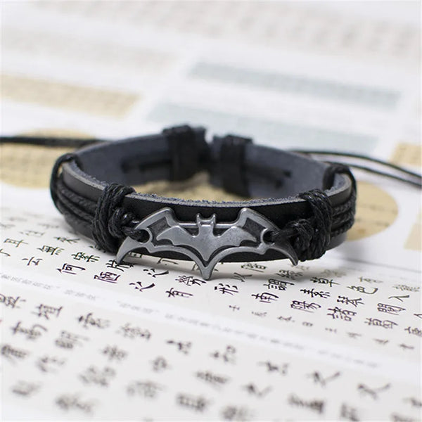 Vintage Black Leather Bat Bracelet For Women Men Handmade Rope Chain Silver Color Bats Charm Bracelets Jewelry Accessories A700