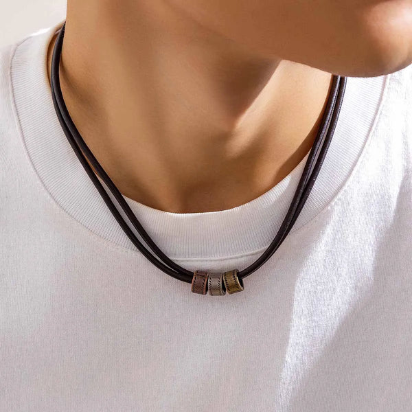 Vintage Pu Leather with Metal Beads Choker Necklace for Men Trendy Collar on the Neck Accessories 2023 Fashion Jewelry Male Gift