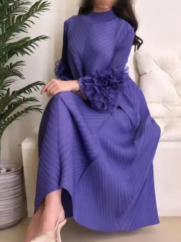 ANLAN Miyake Pleated Maxi Long Dress Mesh Petal Sleeve Half Turtleneck Formal Dresses for Women 2024 New Hot Sales 6KK9927