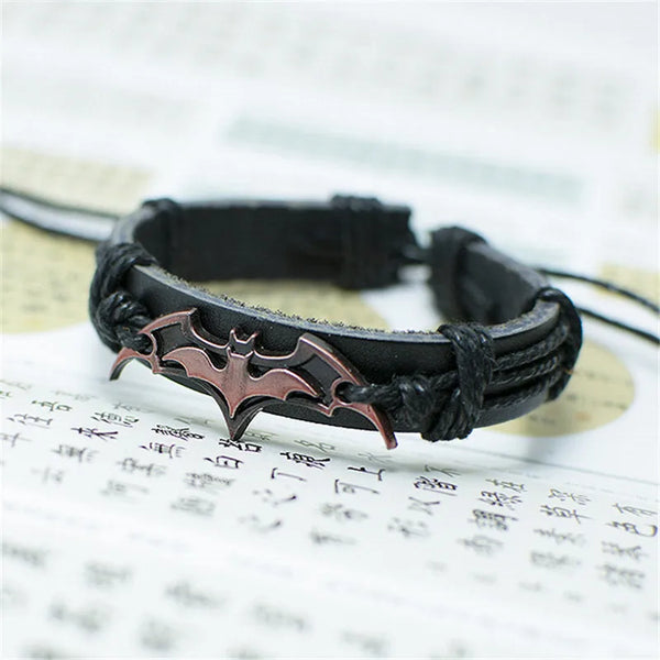 Vintage Black Leather Bat Bracelet For Women Men Handmade Rope Chain Silver Color Bats Charm Bracelets Jewelry Accessories A700