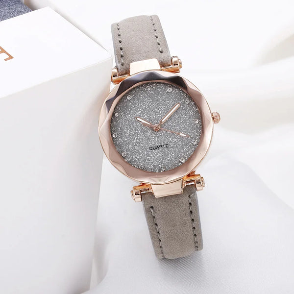 Round Face Rhinestone Star Sky Silver Pink Women for Watch Leisure Fashion Trend Frosted Belt Vintage Black Quartz Wristwatch